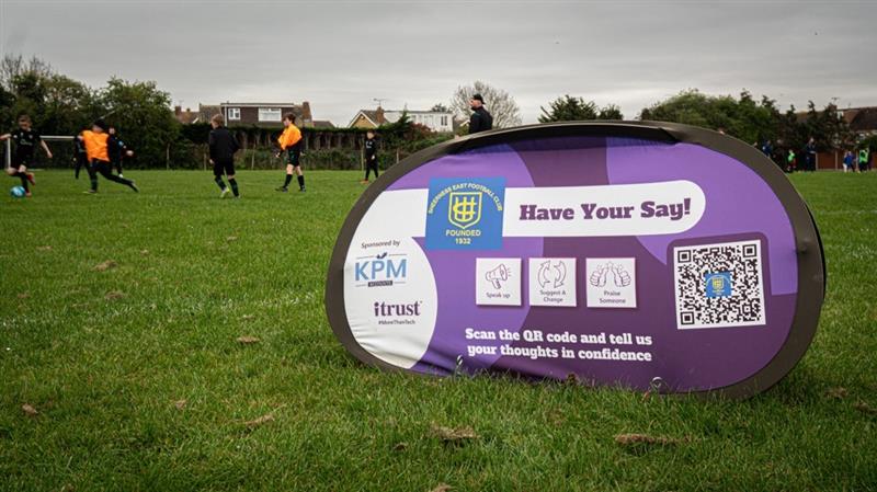 Have Your Say pitch-side sign for Sheerness East Youth Football Club, sponsored by KPM and iTrust